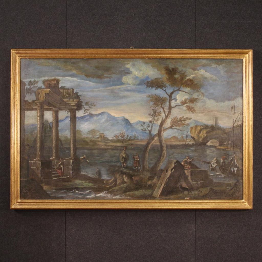 Antique Italian painting from the 18th century. Artwork oil on canvas depicting a view, caprice with ruins and characters of good pictorial quality. Wooden frame from 20th century, carved and gilded, of beautiful decoration. Artwork of great size