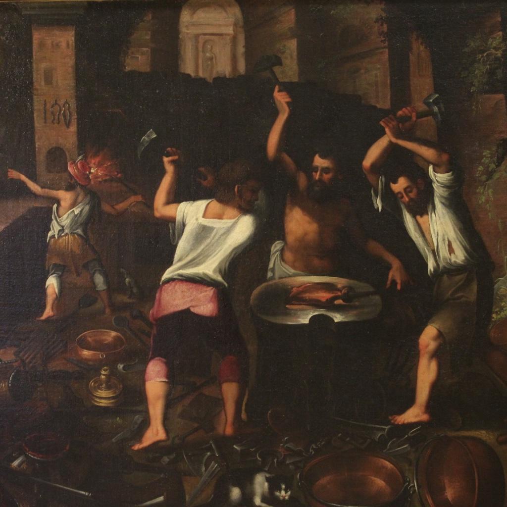 Peinture italienne ancienne du 18e siècle. Peinture à l'huile sur toile représentant une forge d'armures et d'armes avec des forgerons, d'une excellente qualité picturale. Cadre de taille exceptionnelle et de grand caractère avec un encadrement en