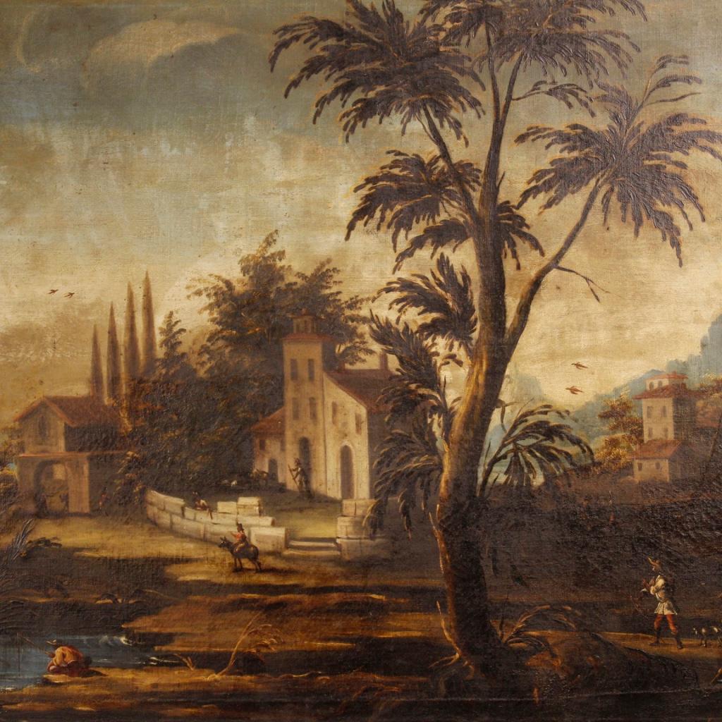Gilt 18th Century Oil on Canvas Italian Landscape with Characters Painting, 1780
