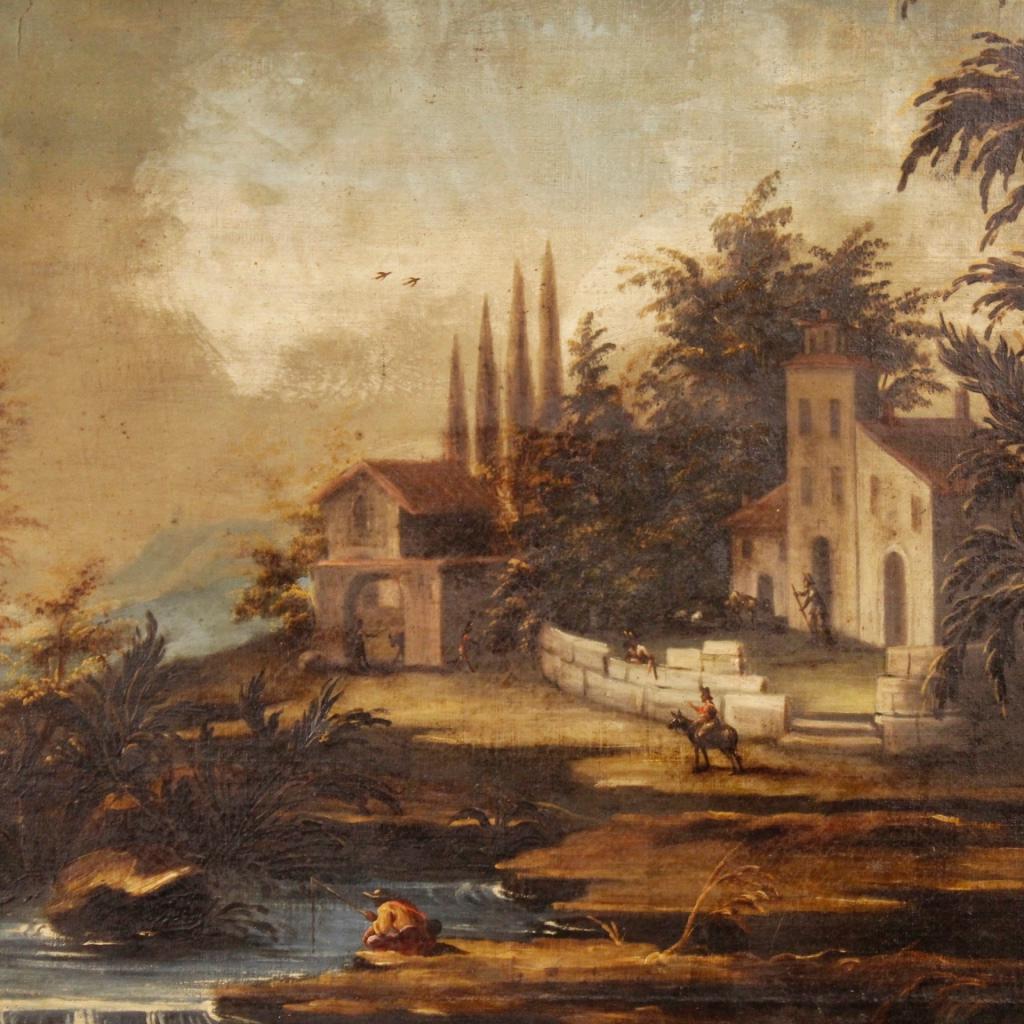 18th Century Oil on Canvas Italian Landscape with Characters Painting, 1780 In Fair Condition In Vicoforte, Piedmont