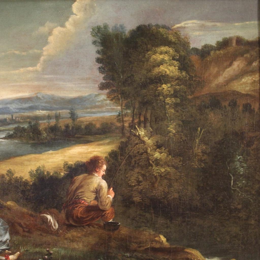 Gilt 18th Century Oil on Canvas Italian Landscape with Characters Painting, 1780