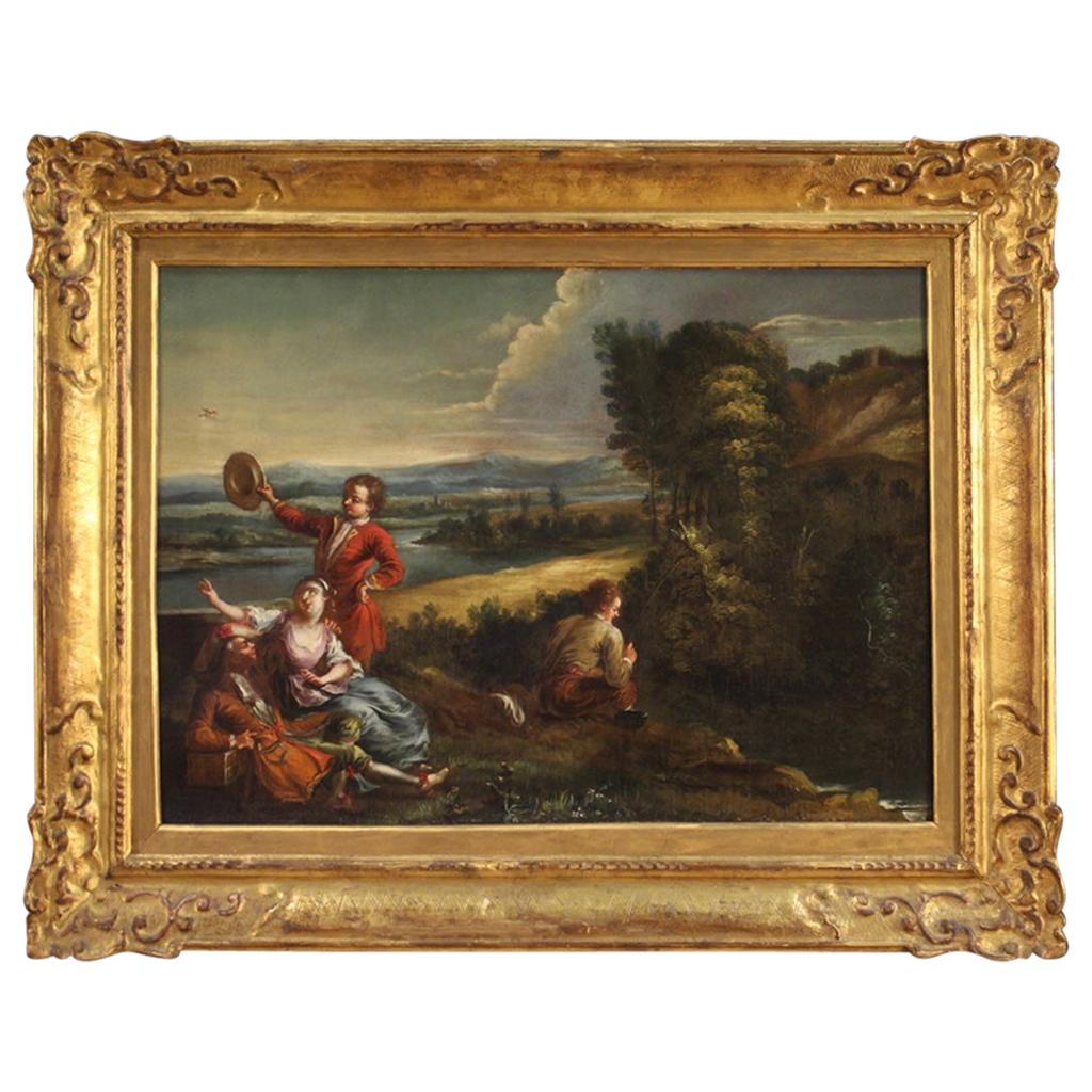 18th Century Oil on Canvas Italian Landscape with Characters Painting, 1780