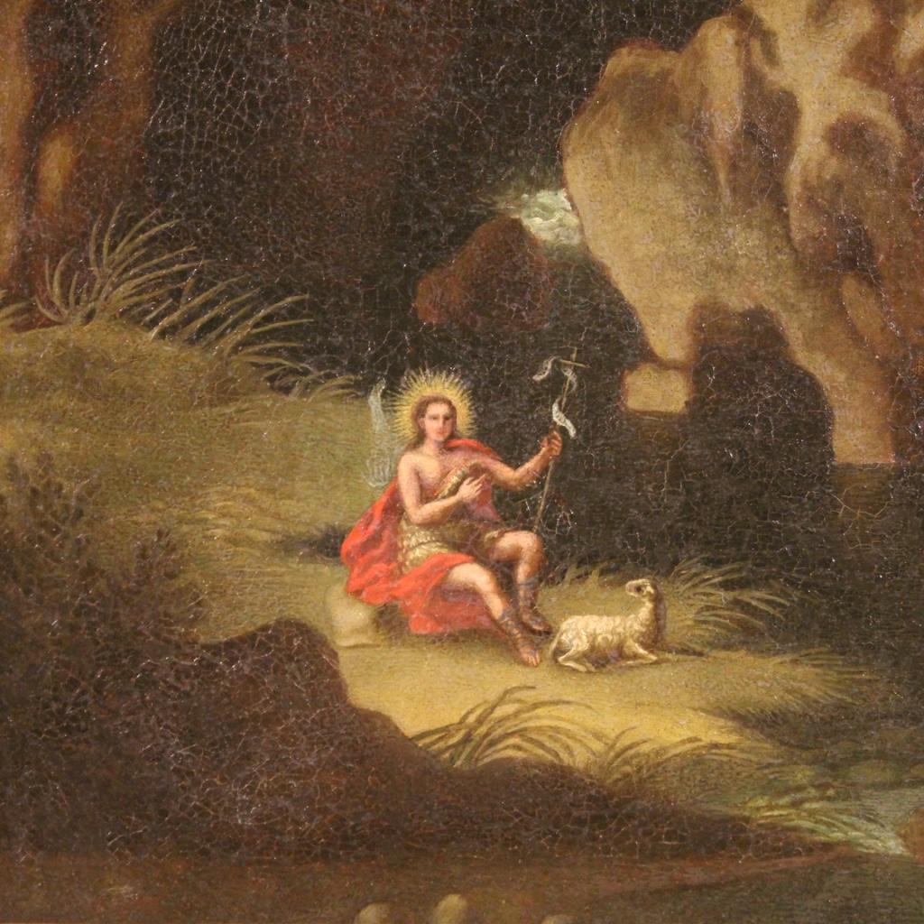 Oiled 18th Century Oil on Canvas Italian Landscape with Saint John Baptist Painting For Sale
