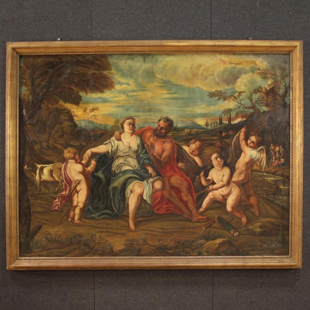 Ancient Italian painting from the 18th century. Framework oil on canvas depicting mythological subject with characters, cherubs and animals (under study) of good pictorial quality. Exceptional size picture ideal to be placed in a living room or
