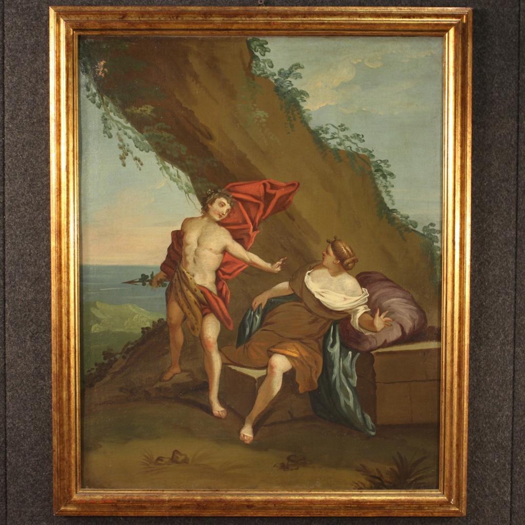 Antique Italian painting of the second half of the 18th century. Oil painting on canvas depicting the myth of Bacchus and Ariadne: our protagonist had helped Theseus to defeat the Minotaur. The Athenian hero had promised to marry her in return but