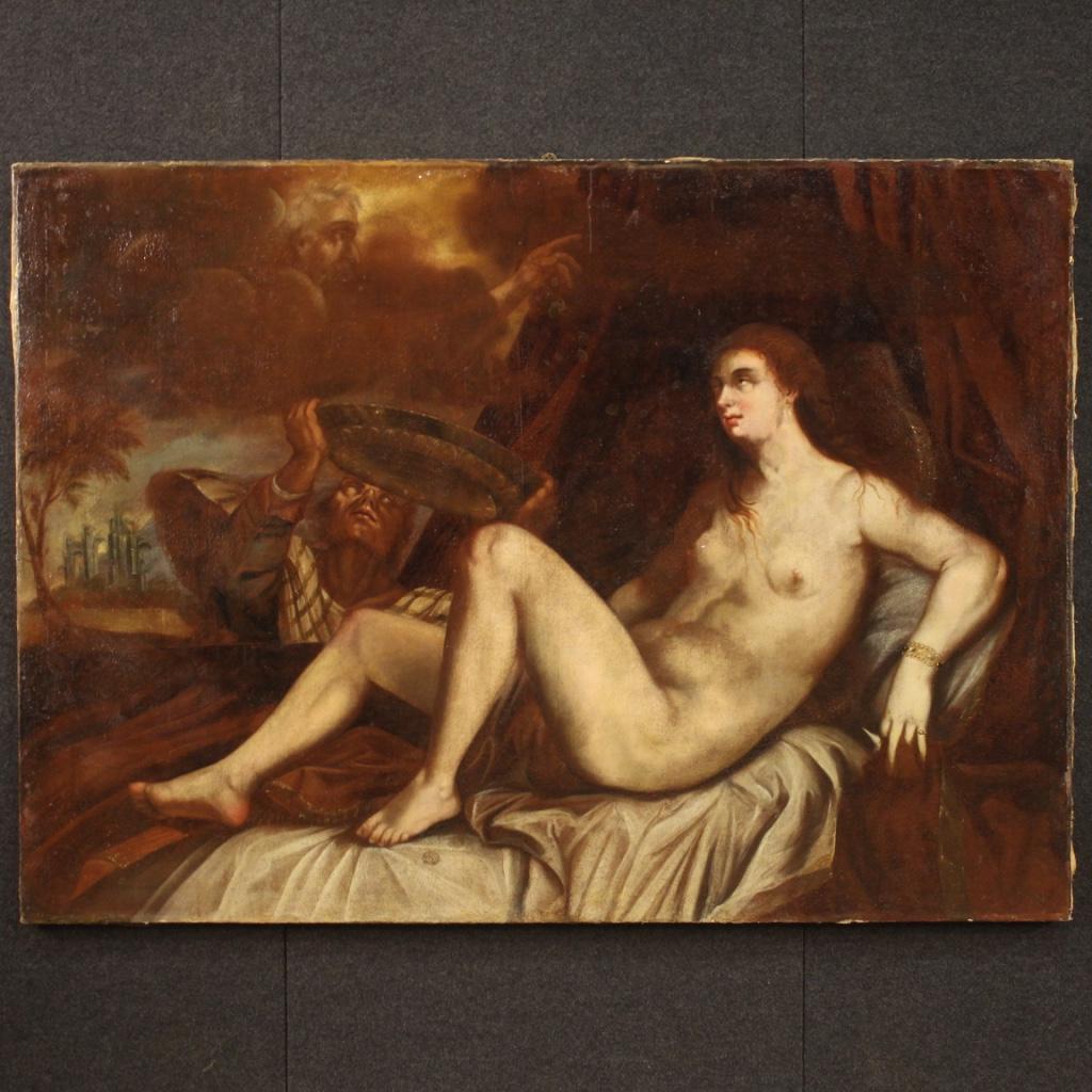Italian painting from the first half of the 18th century. Framework oil on canvas depicting the mythological subject Danae and the golden rain of excellent pictorial quality. Painting of great measure and impact, for antique dealers, interior