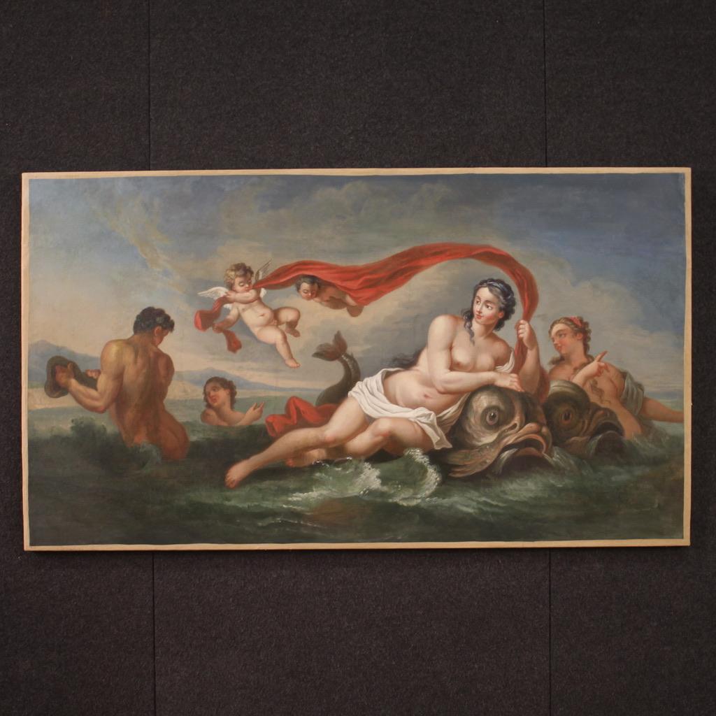 Antique Italian painting from the 18th century. Artwork oil on canvas depicting a mythological subject, The Triumph of Galatea, of good pictorial quality. Painting of good size and pleasant furnishings characterized by colors tending towards