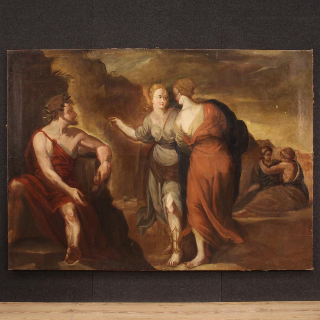 Antique Italian painting from the 18th century. Work oil on canvas depicting the mythological subject Vertumnus and Pomona of good pictorial quality. An exceptionally great painting that tells the story of the famous myth in succession, from left to