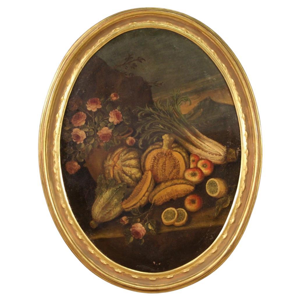 Italienisches ovales antikes Stillleben aus dem 18. Jahrhundert, Öl auf Leinwand, 1740
