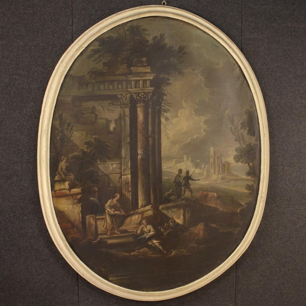 Antique Italian oval painting from 18th century. Framework oil on canvas, first canvas, of exceptional size and impact depicting landscape with popular figures and ruins of good pictorial quality. 19th century wood and plaster frame adapted to the