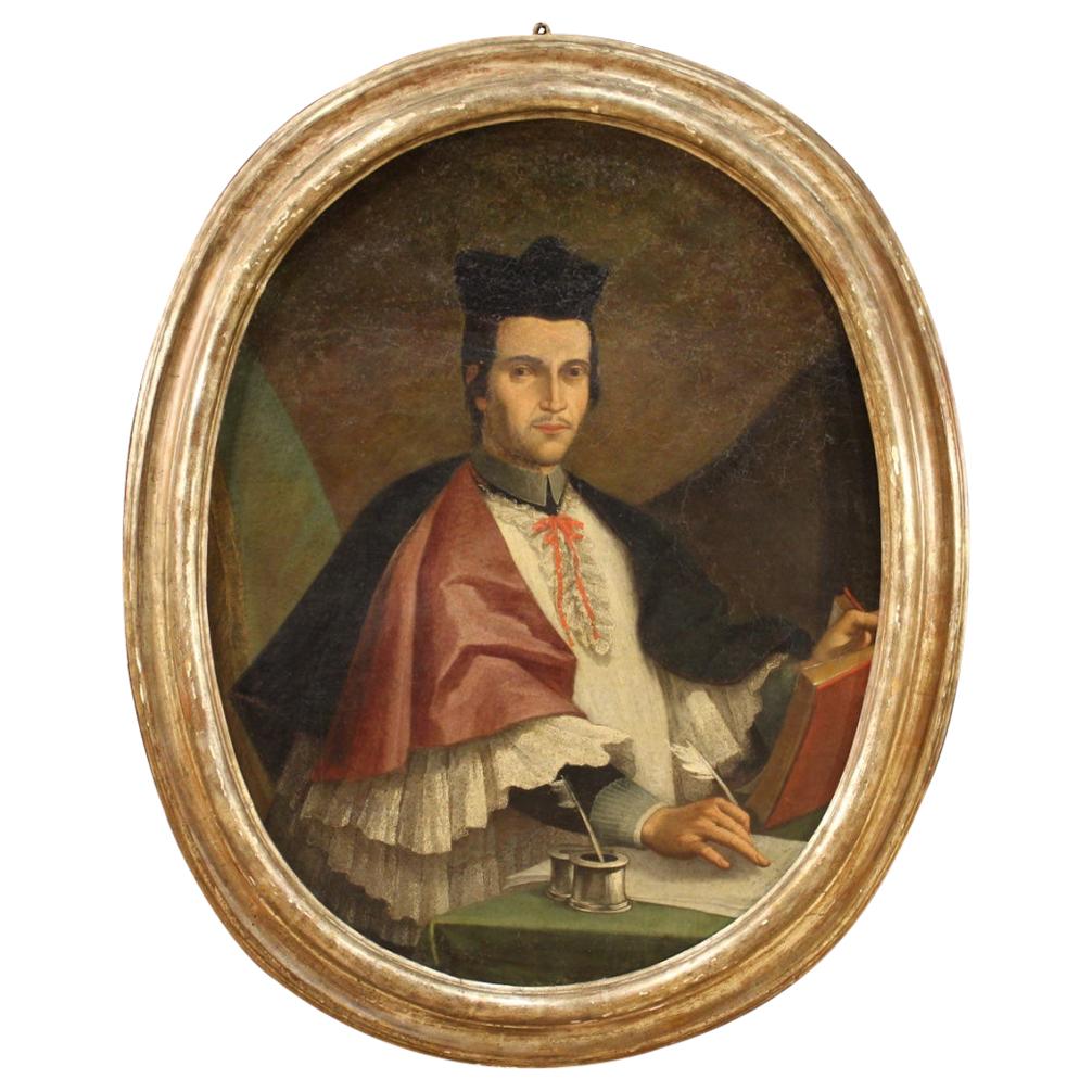 18th Century Oil on Canvas Italian Oval Painting Portrait of a Bishop, 1730
