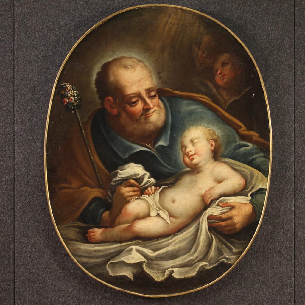 18th Century Oil on Canvas Italian Oval Painting Saint Joseph with Child, 1760 In Good Condition In Vicoforte, Piedmont