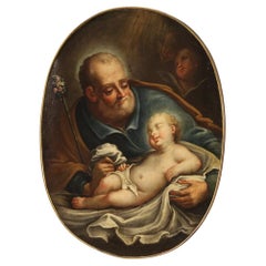 Antique 18th Century Oil on Canvas Italian Oval Painting Saint Joseph with Child, 1760