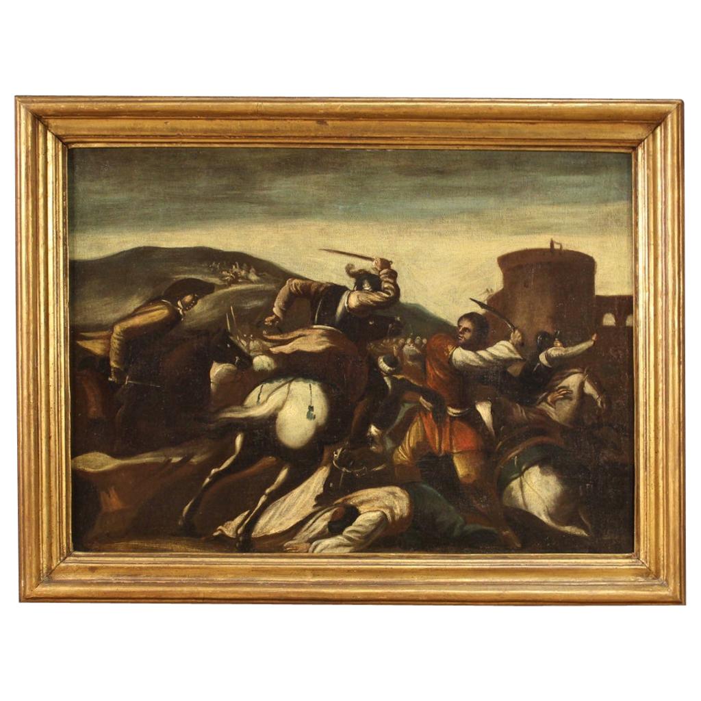 18th Century Oil on Canvas Italian Painting Battle with Knights, 1750