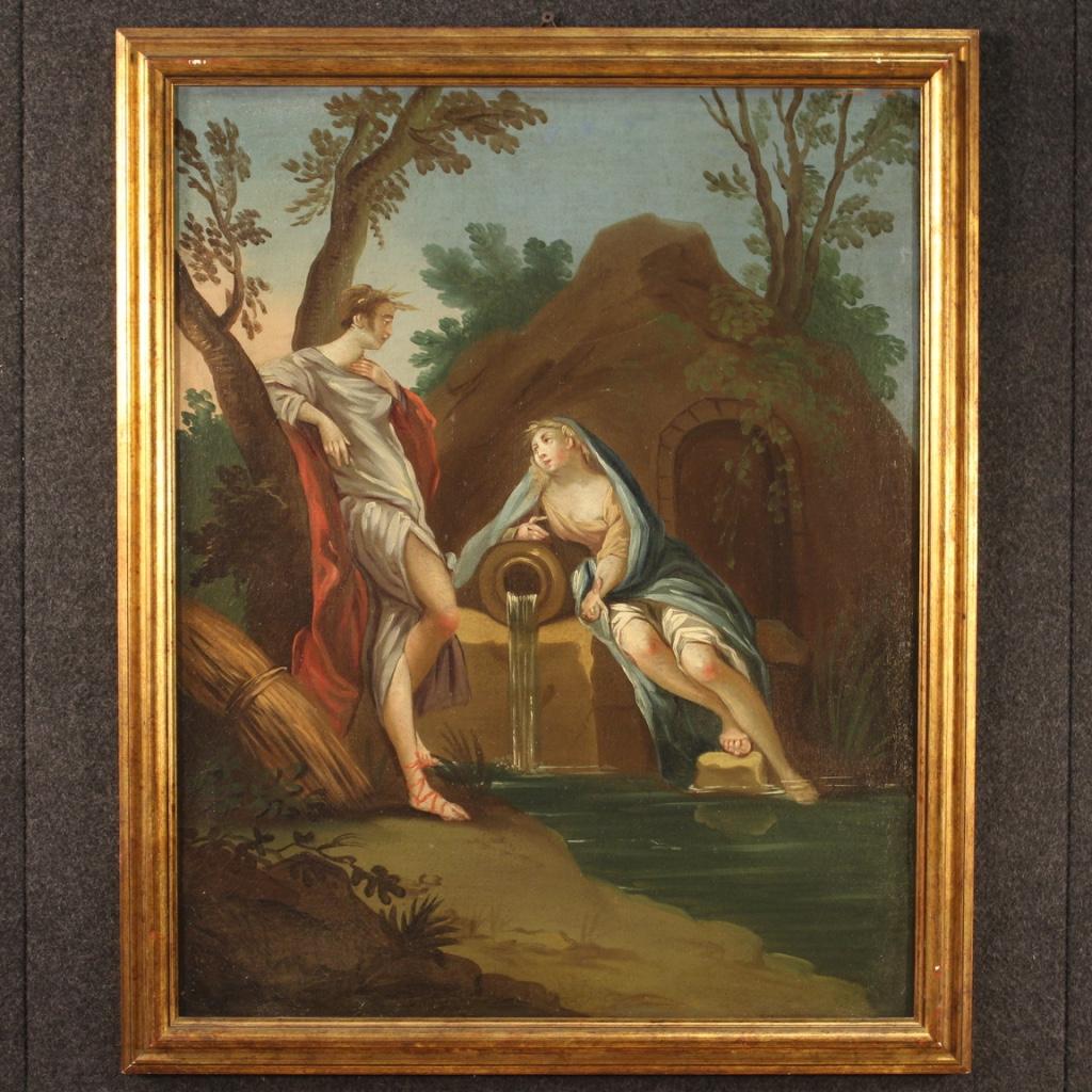 Antique Italian painting from the second half of the 18th century. Venetian oil painting on canvas depicting Cymon and Iphigenia: the story of the two characters is narrated in the Decameron by Giovanni Boccaccio. The young Cymon was rough, although