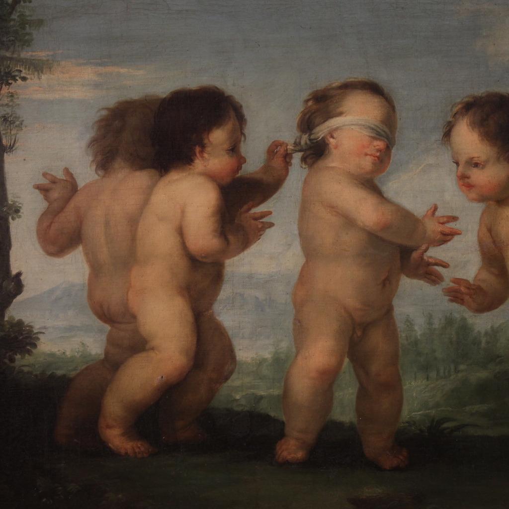 A splendid 18th-century Italian painting. Oil on canvas artwork depicting a marvelous game of cherubs, of great pictorial quality. Immersed in an Arcadian landscape, four children are playing blind man's buff, a metaphor for the lightheartedness of