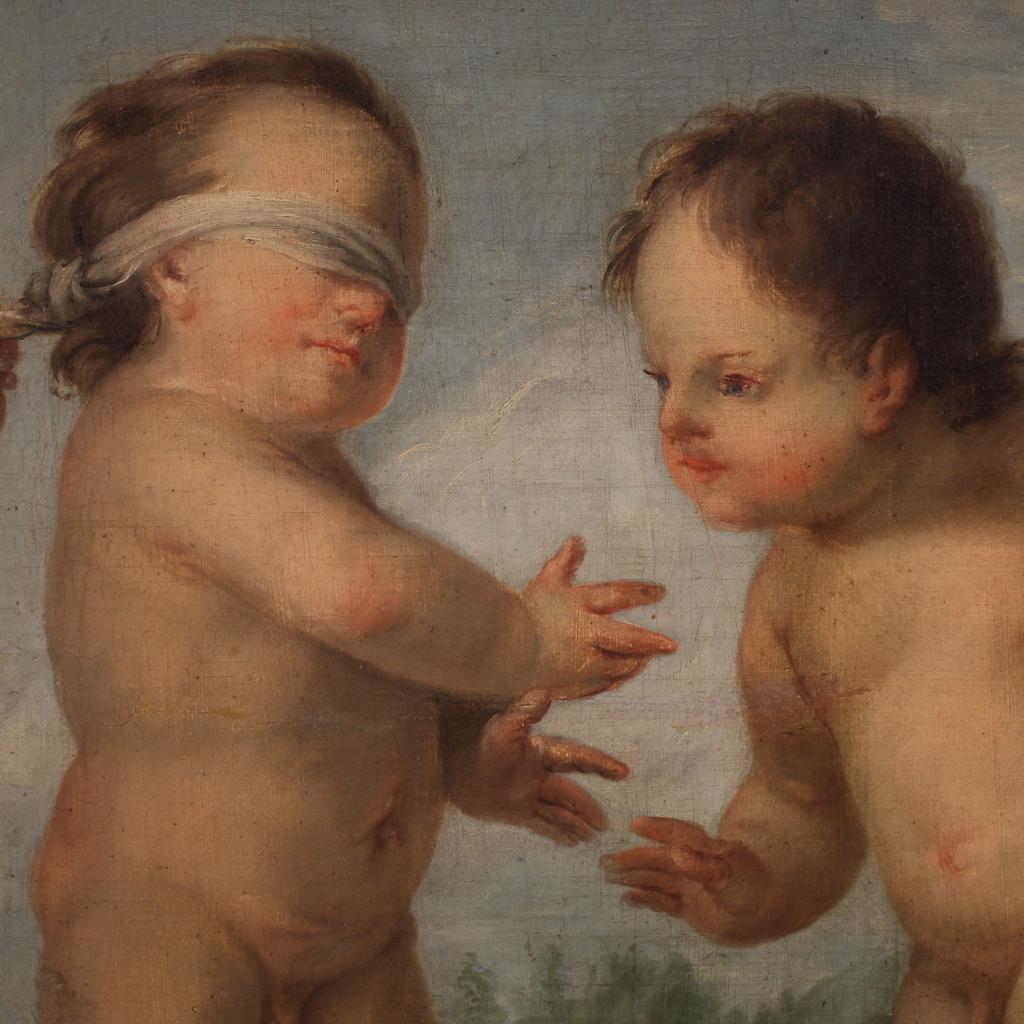Tela 18th Century Oil on Canvas Italian Painting Game of Cherubs, 1760 in vendita