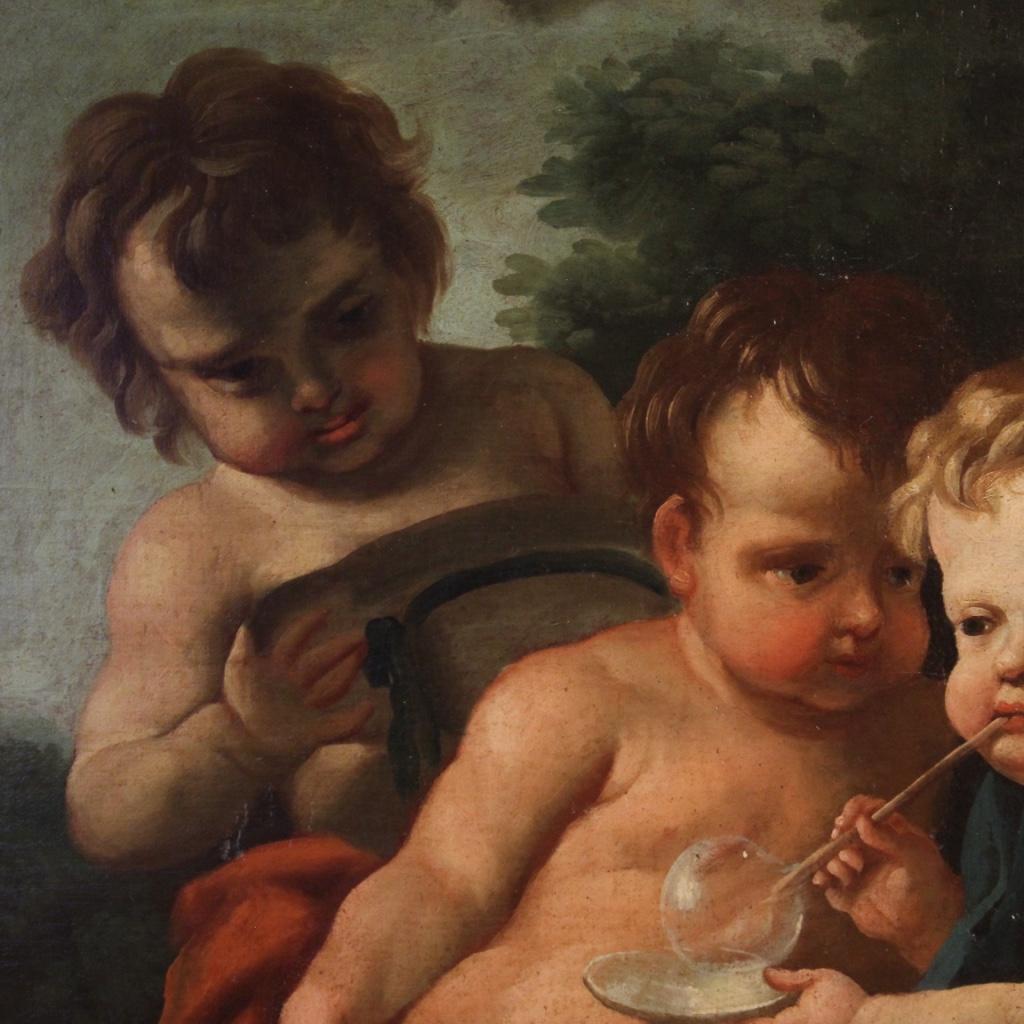 18th Century Oil on Canvas Italian Painting Game of Cherubs, 1770 In Good Condition In Vicoforte, Piedmont