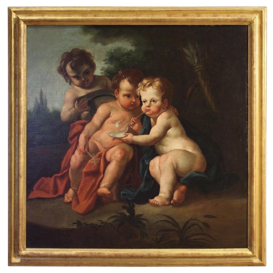 18th Century Oil on Canvas Italian Painting Game of Cherubs, 1770