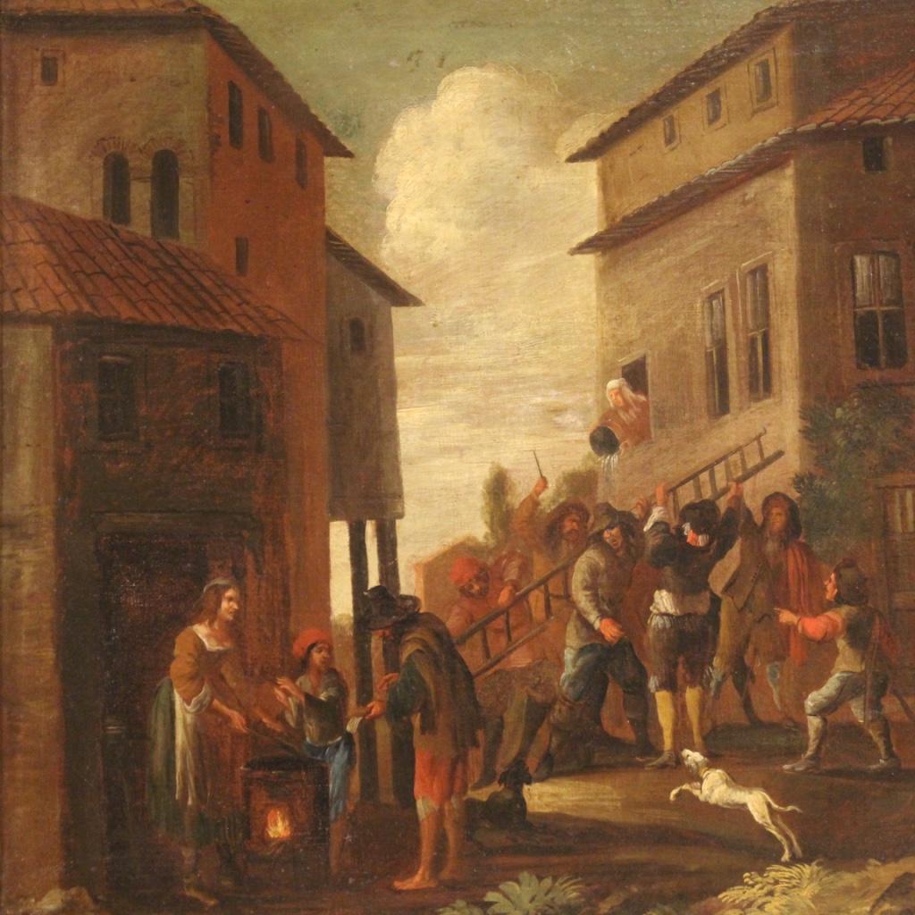 18th Century Oil on Canvas Italian Painting Genre Scene Popular Style, 1750 For Sale 9