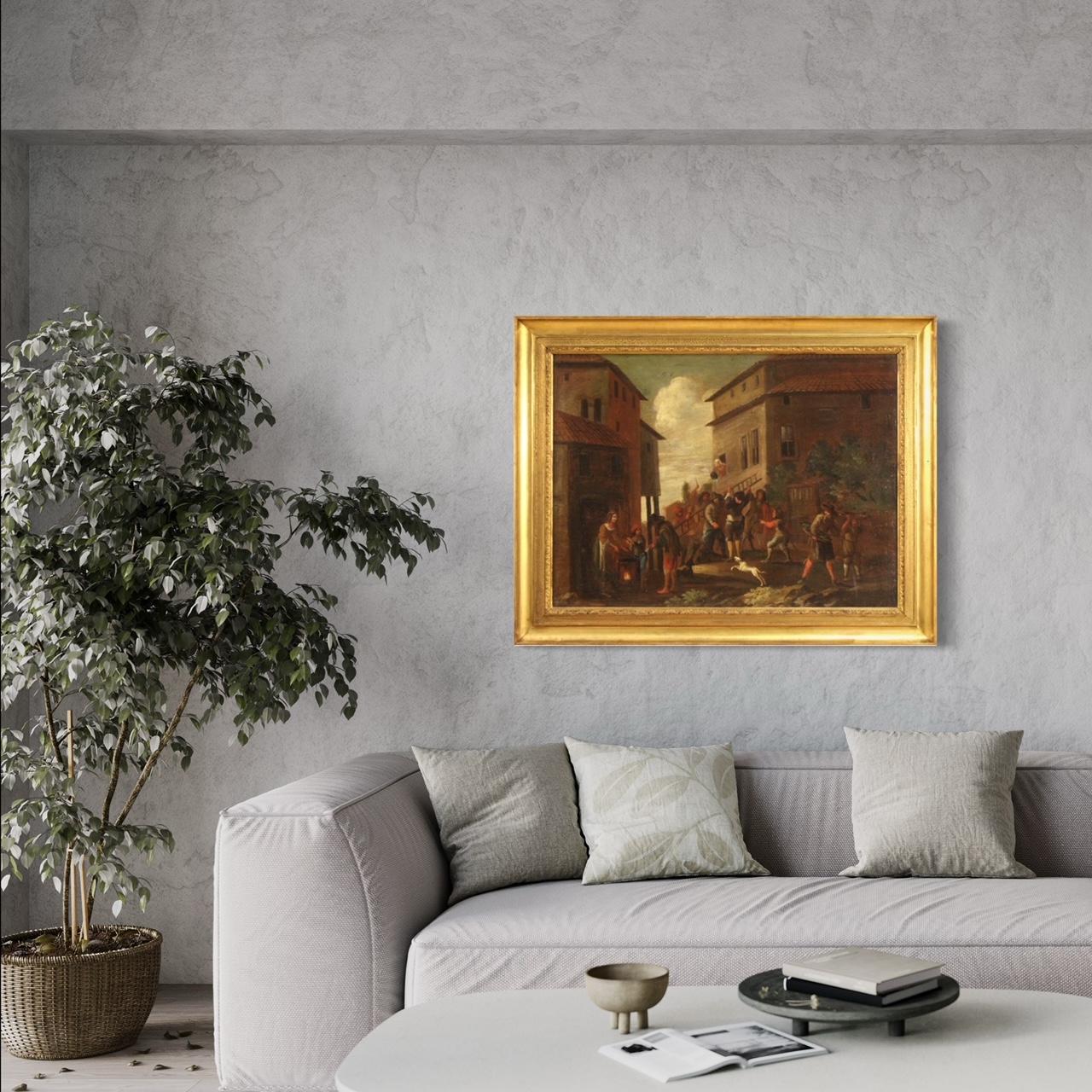 Antique Italian painting from the 18th century. Artwork oil on canvas depicting genre scene, View with architectures and characters of popular style of excellent pictorial quality. Painting of beautiful size and excellent proportion, ideal to be