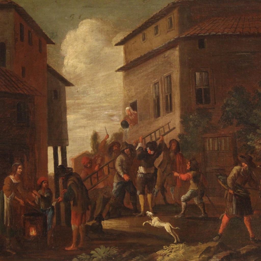 Oiled 18th Century Oil on Canvas Italian Painting Genre Scene Popular Style, 1750 For Sale