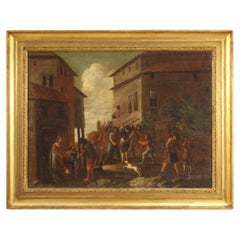 Antique 18th Century Oil on Canvas Italian Painting Genre Scene Popular Style, 1750