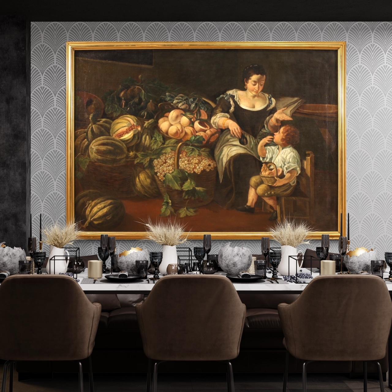Antique Italian painting from the 18th century. Artwork oil on canvas depicting a genre scene with greengrocer and still life of good pictorial quality. Painting of exceptional size and impact adorned with a modern carved and gilded frame of