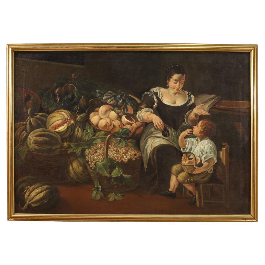 18th Century Oil on Canvas Italian Painting Genre Scene with Still Life, 1760 For Sale