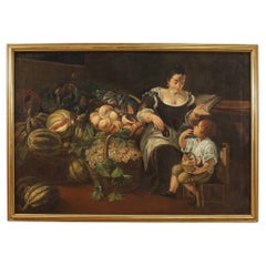 Antique 18th Century Oil on Canvas Italian Painting Genre Scene with Still Life, 1760