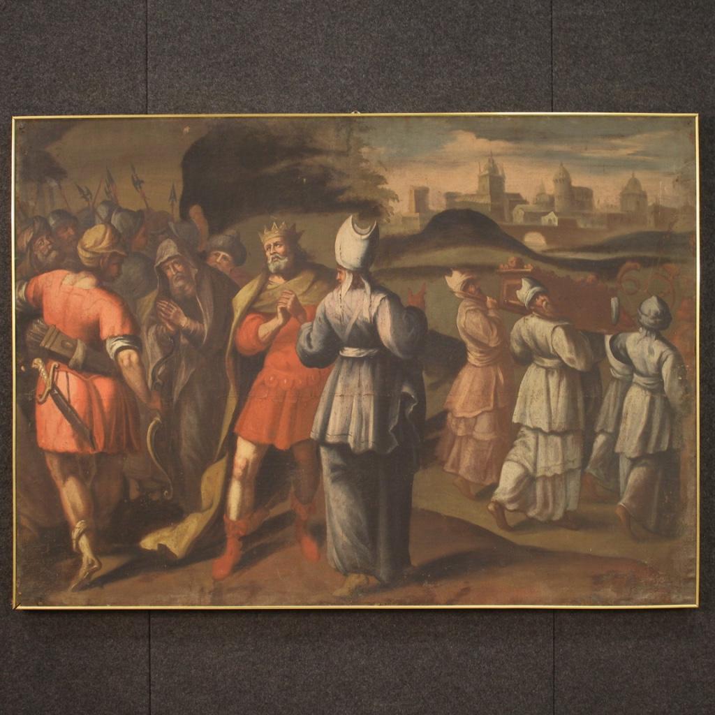 Ancient Italian painting from the first half of the 18th century. Oil on canvas framework, first canvas, depicting historical/biblical subject, King David brings the ark of the covenant to Jerusalem. Painting of great size and impact, for antique