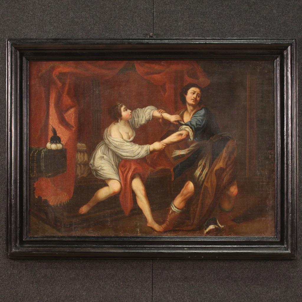 Antique Italian painting from 18th century. Oil artwork on canvas depicting biblical subject Joseph and and Potiphar's Wife of good pictorial hand. Beautiful measure and pleasant furnishings painting adorned with a non -coeval frame, carved and