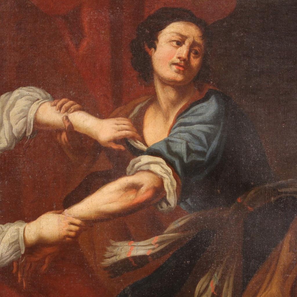 Oiled 18th Century Oil on Canvas Italian Painting Joseph and and Potiphar's Wife, 1750 For Sale