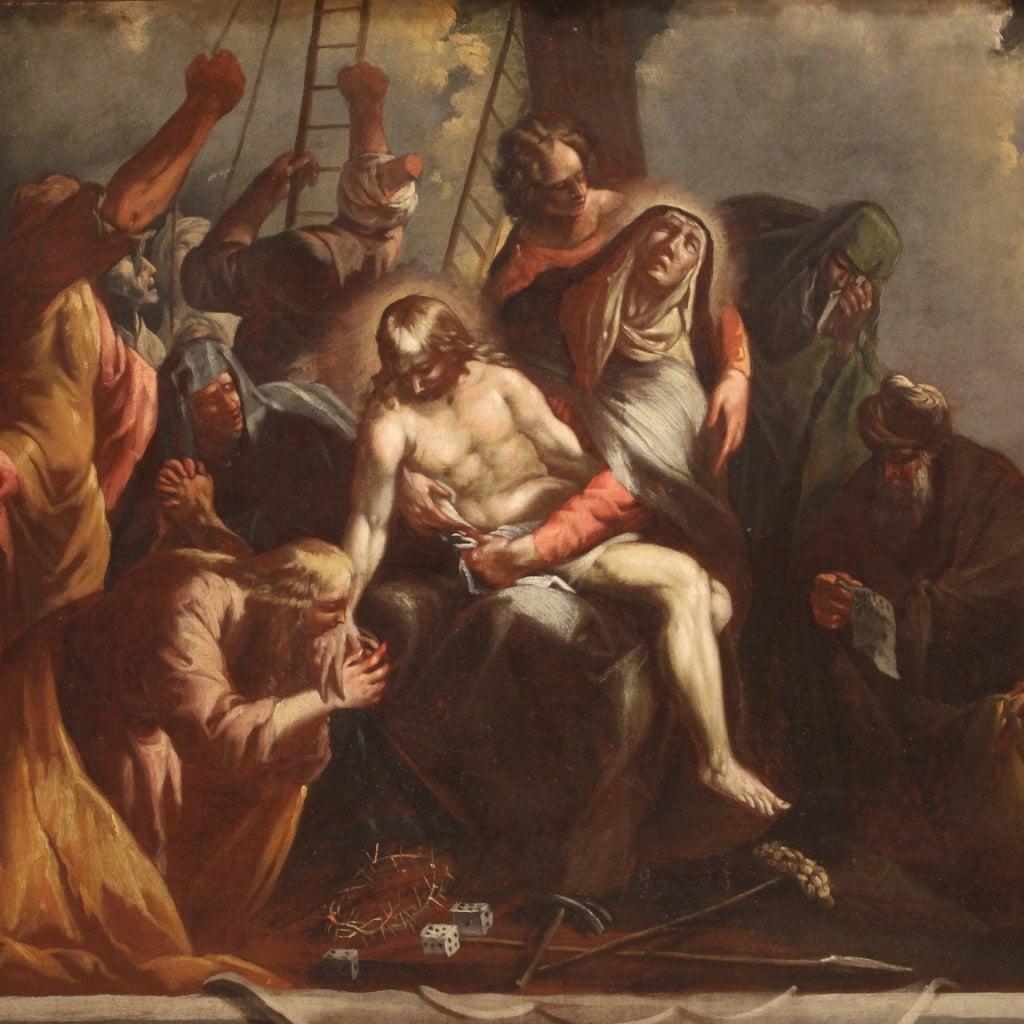 18th Century Oil on Canvas Lamentation over the Dead Christ Italian Painting  8