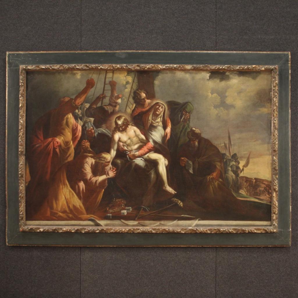 Antique Italian painting from the 18th century. Work oil on canvas depicting a religious subject Lamentation over the dead Christ of excellent pictorial quality. Large size and impactful framework full of characters and decorative elements adorned