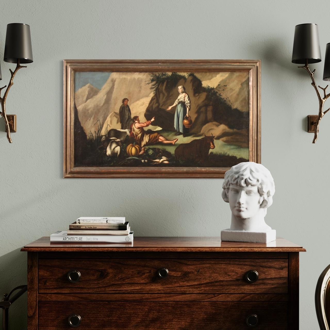 óleo sobre lienzo del siglo XVIII Pintura italiana Paisaje Escena pastoral, 1750 en venta 8