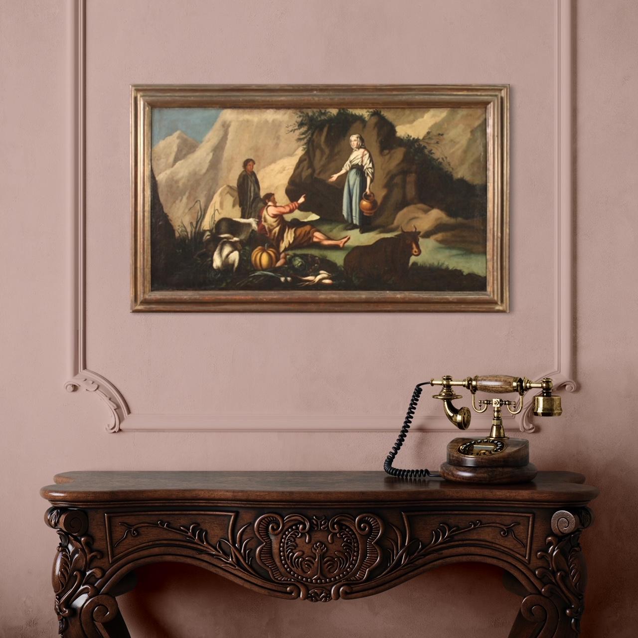 Antiguo cuadro italiano del siglo XVIII. Obra de arte al óleo sobre lienzo que representa escena pastoril, paisaje bucólico con animales y personajes populares de buena calidad pictórica. Pintura que se desarrolla horizontalmente, de proporciones