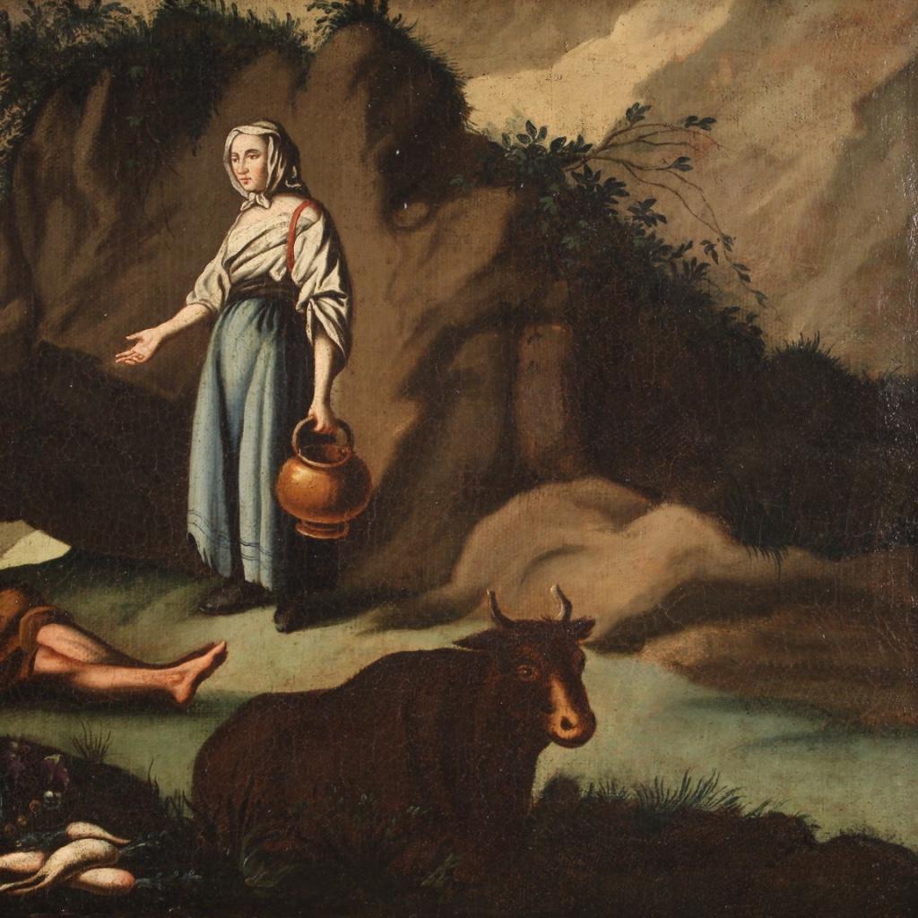 óleo sobre lienzo del siglo XVIII Pintura italiana Paisaje Escena pastoral, 1750 en Bueno estado para la venta en Vicoforte, Piedmont