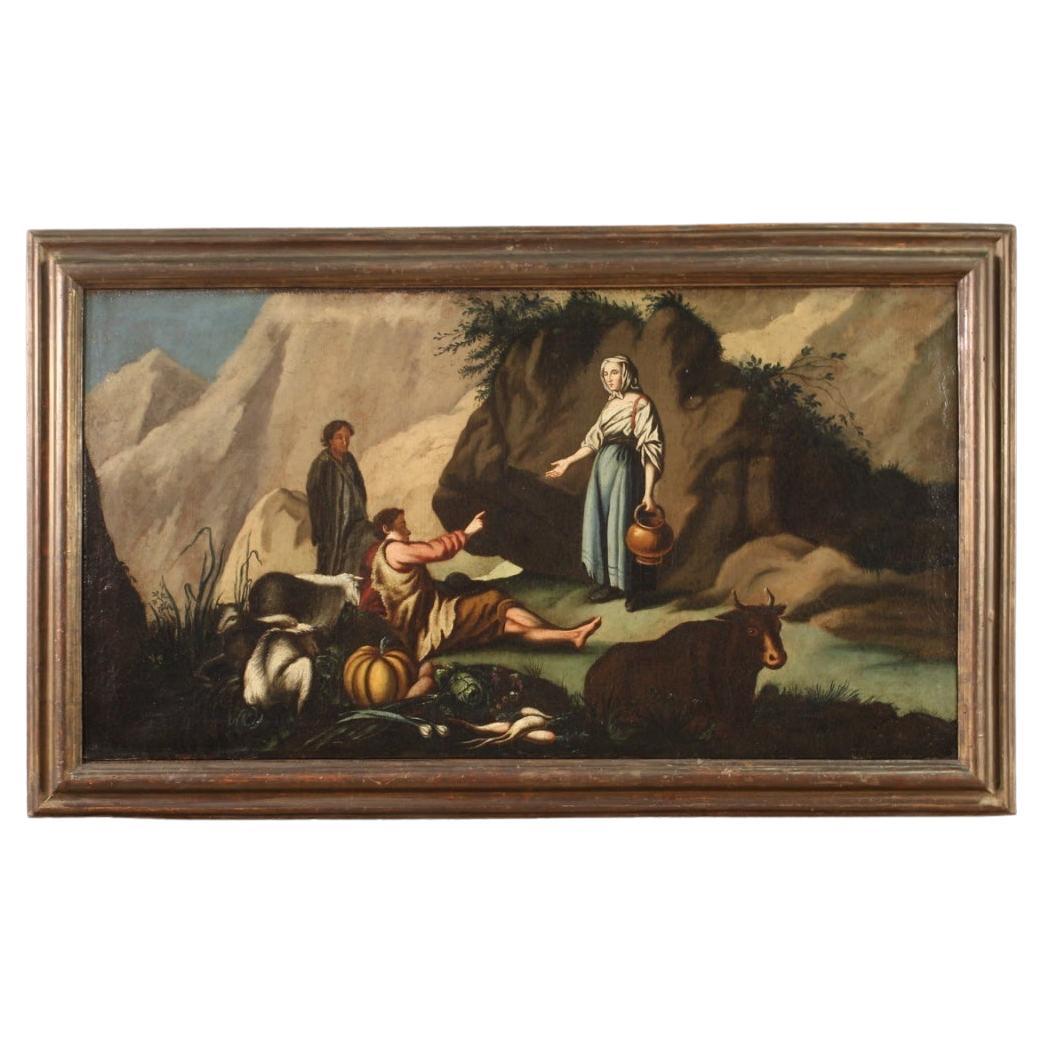 18th Century Oil on Canvas Italian Painting Landscape Pastoral Scene, 1750