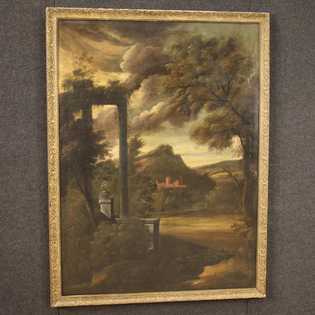 18th Century Oil on Canvas Italian Painting Landscape with Architectures, 1750 8