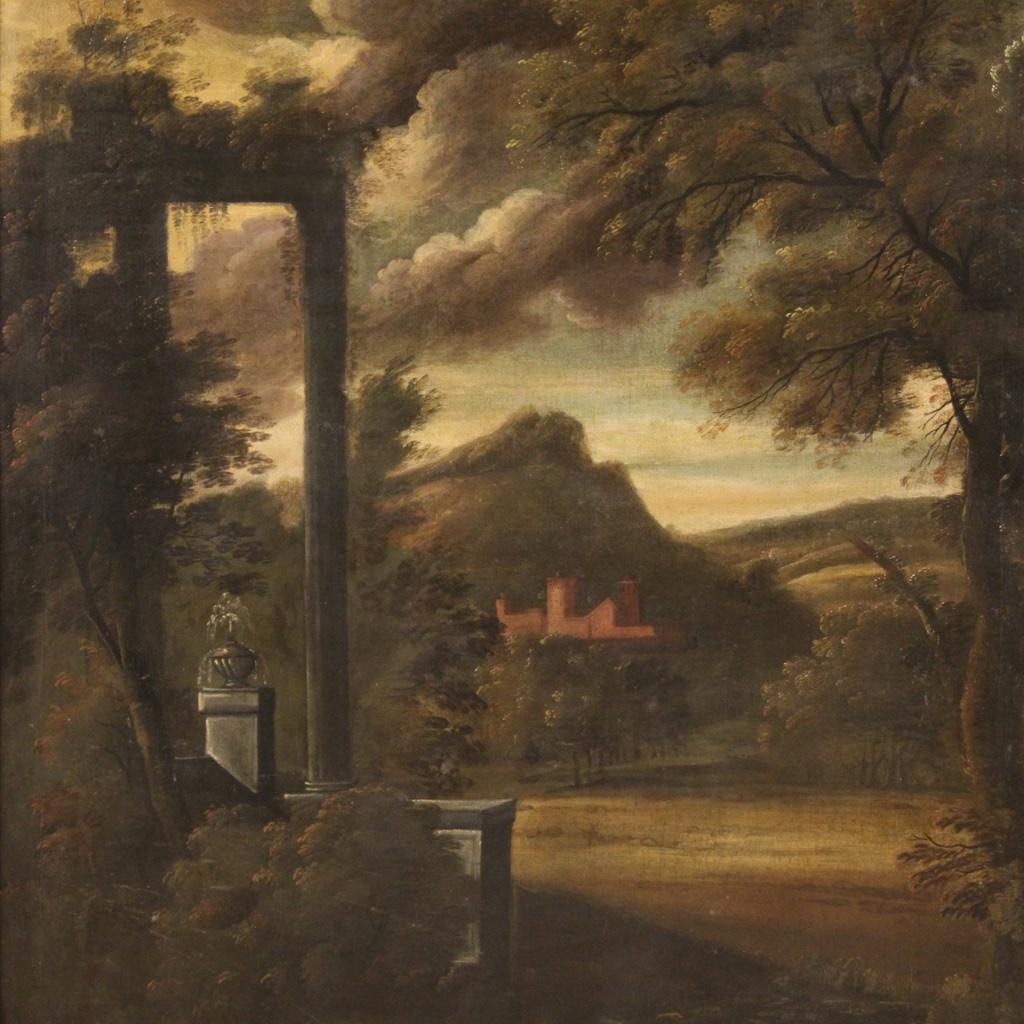 Ancient Italian painting from the 18th century. Framework oil on canvas depicting landscape with architectures of good pictorial quality. Frame in wood and plaster, chiseled and gilded, with some small drops of color and lack of decoration (see