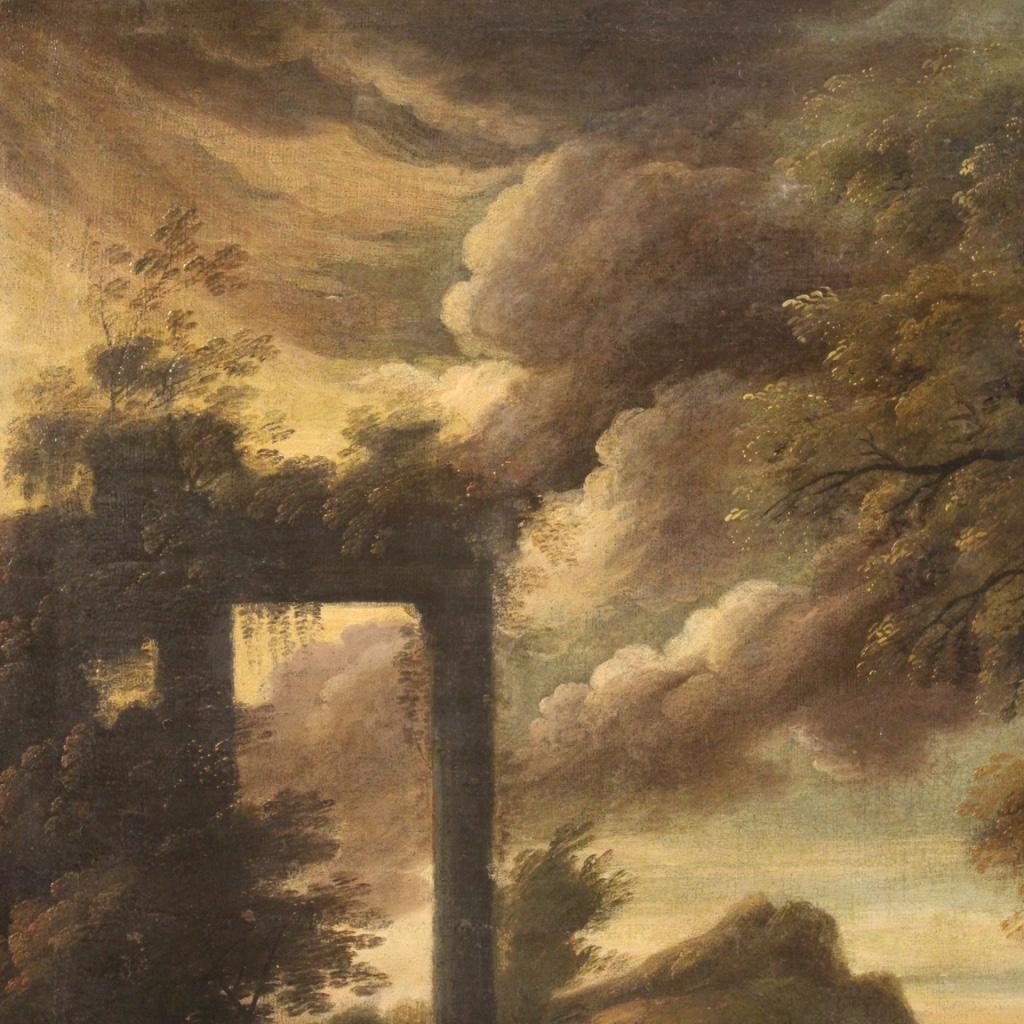 18th Century Oil on Canvas Italian Painting Landscape with Architectures, 1750 2