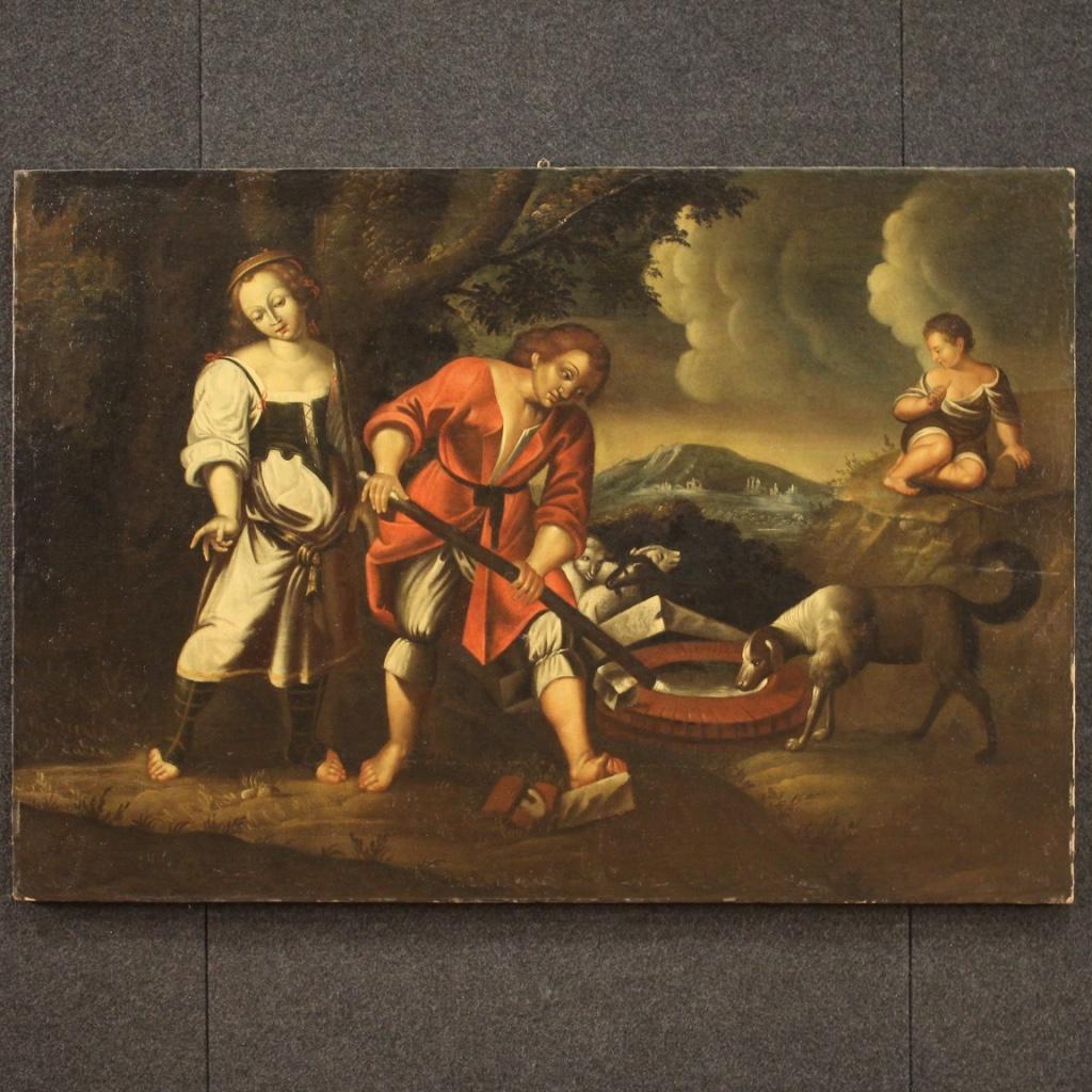 Ancient Italian painting from the 18th century. Framework oil on canvas depicting landscape with characters and animals at the well of excellent pictorial quality. Painting of great size and impact finely adorned with numerous details and