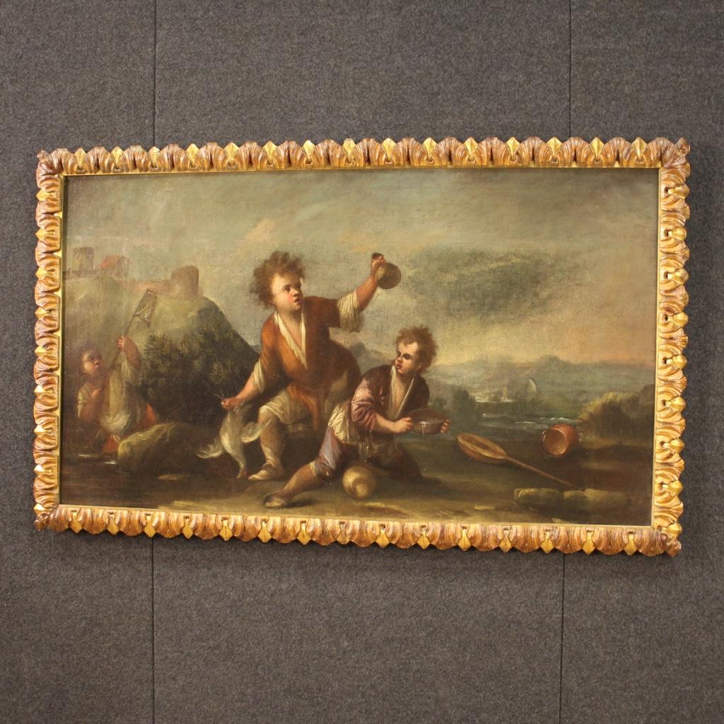 18th Century Oil on Canvas Italian Painting Landscape with Children, 1730 For Sale 8