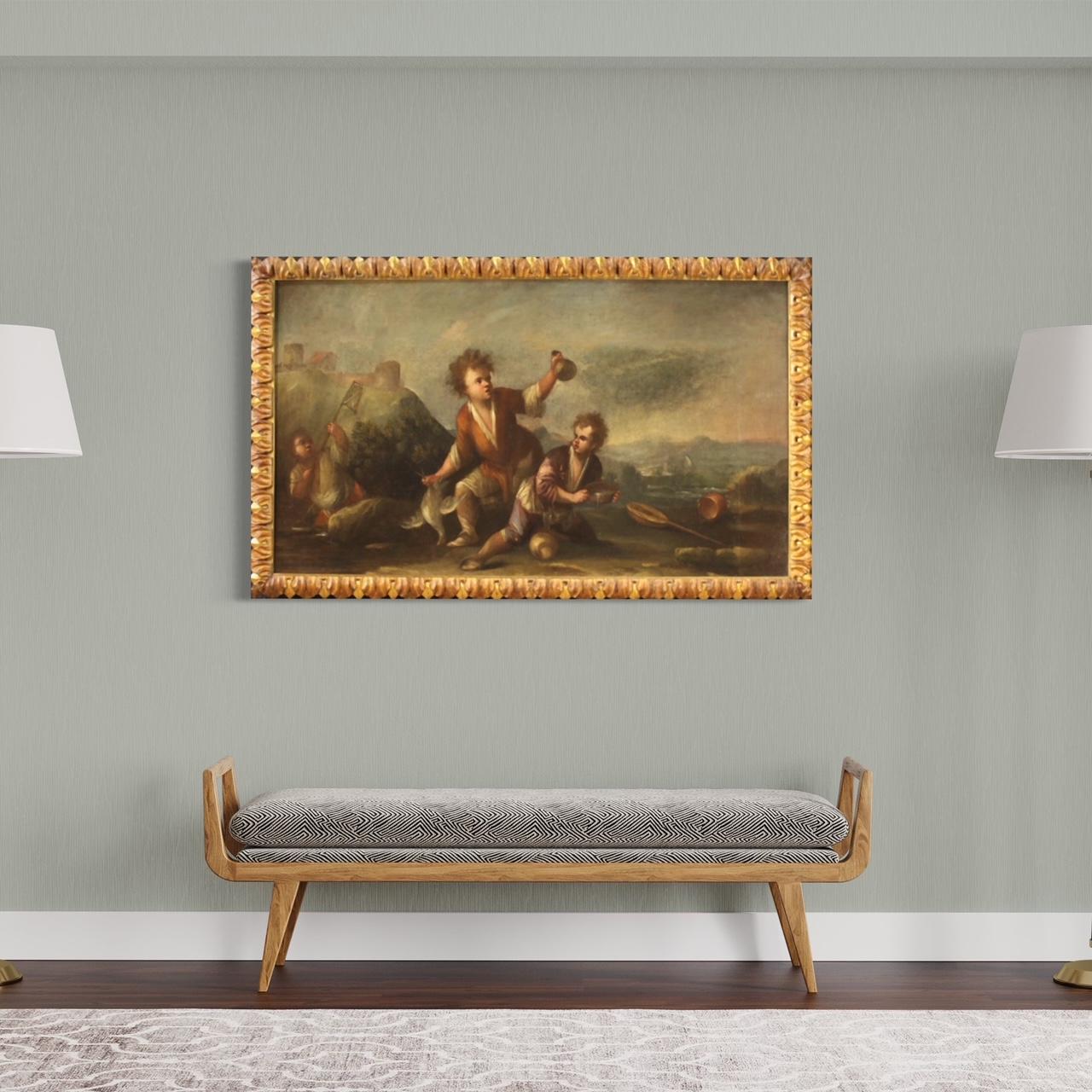 Italienisches Gemälde, Landschaft mit Kindern, Öl auf Leinwand, 18. Jahrhundert, 1730 im Angebot 11
