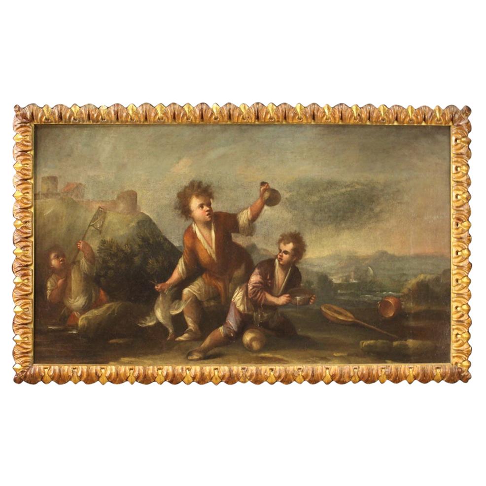 18th Century Oil on Canvas Italian Painting Landscape with Children, 1730
