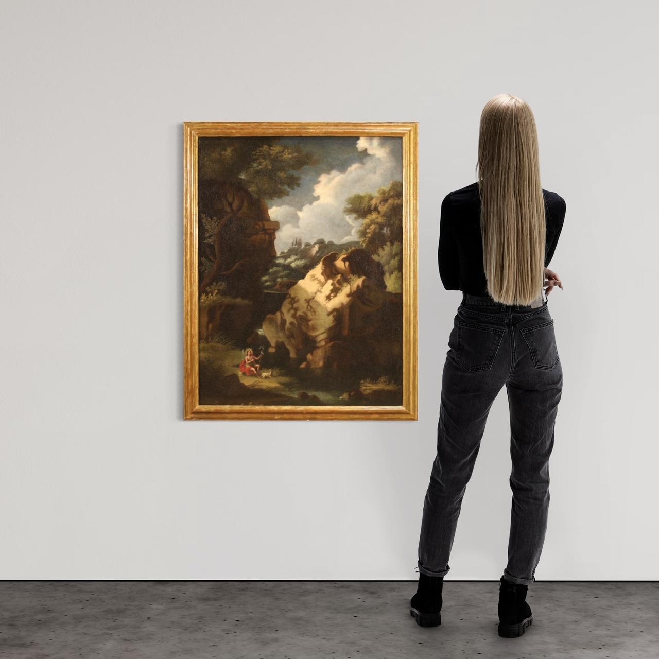 siglo XVIII Óleo sobre Lienzo Pintura Italiana Paisaje con San Juan Bautista. Juan el Bautista en venta 6