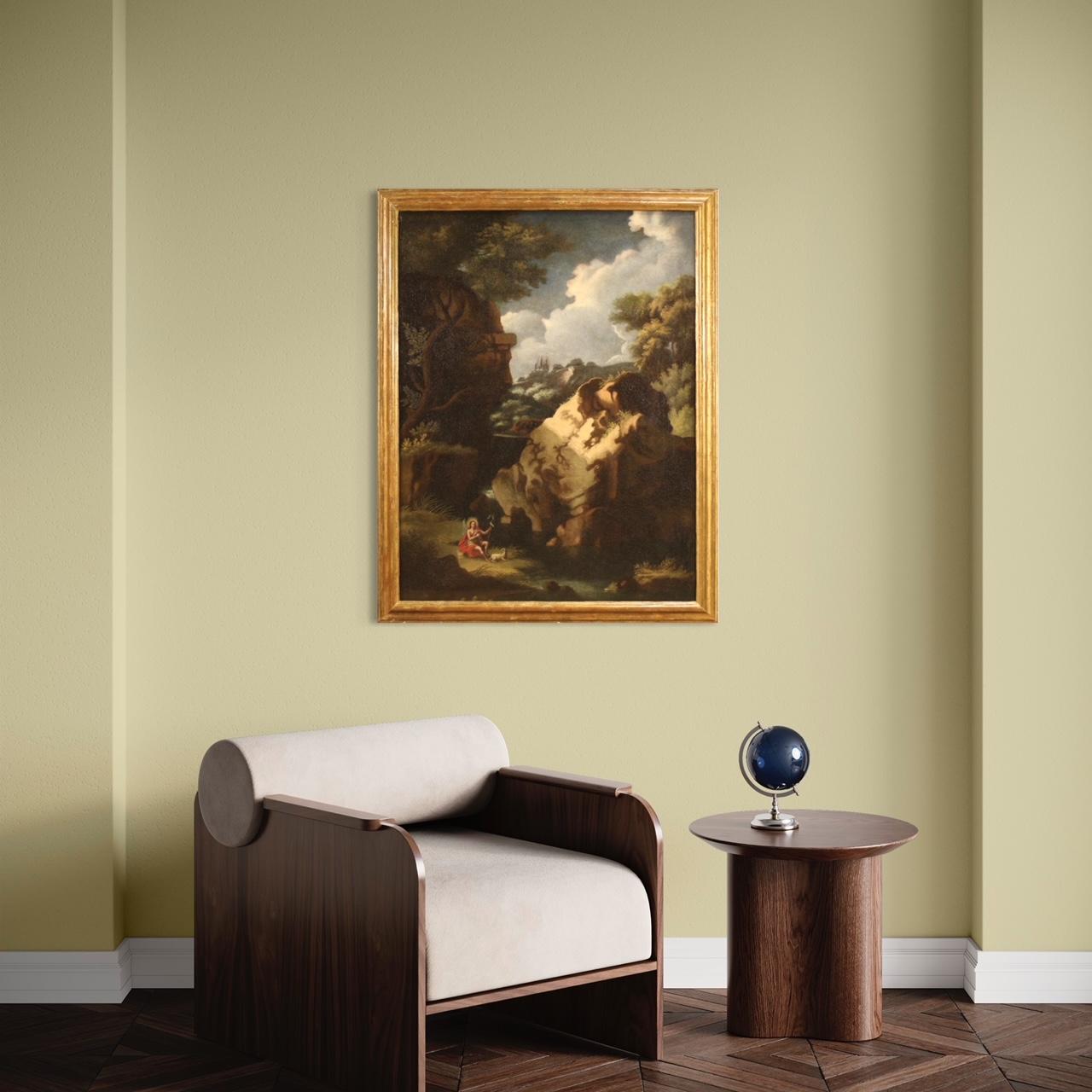 siglo XVIII Óleo sobre Lienzo Pintura Italiana Paisaje con San Juan Bautista. Juan el Bautista en venta 7