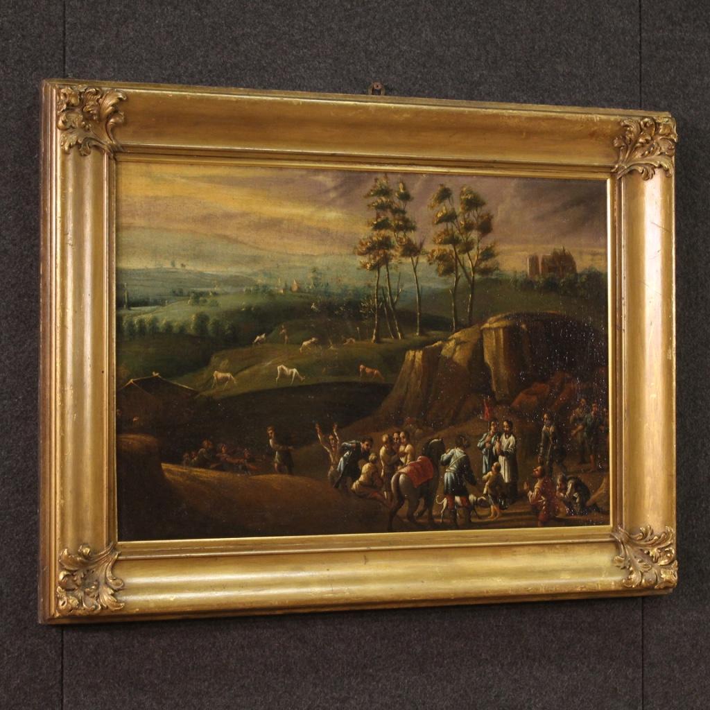 18th Century Oil on Canvas Italian Painting Landscape with Wayfarers, 1750 For Sale 6