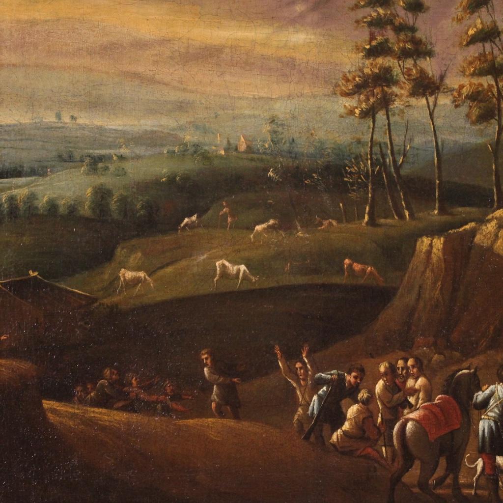 Oiled 18th Century Oil on Canvas Italian Painting Landscape with Wayfarers, 1750 For Sale